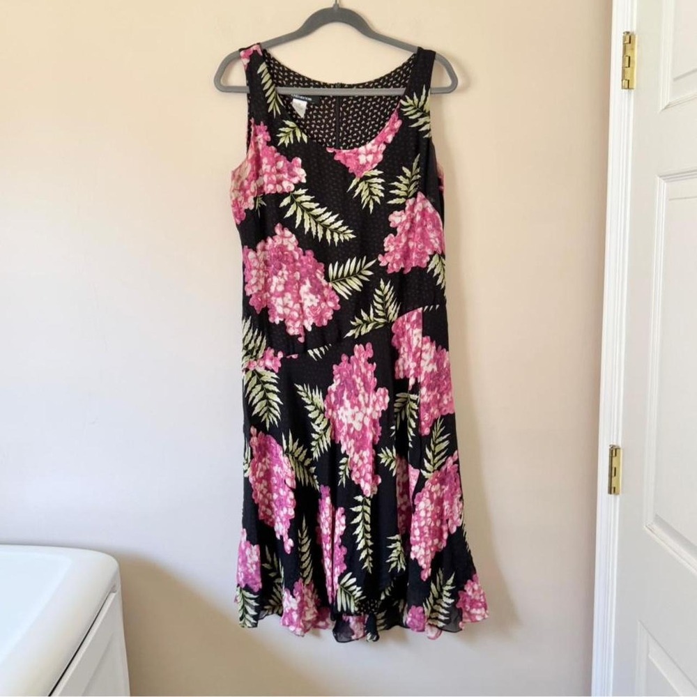 90s Y2K Jones New York 100% silk floral tropical palm pink green black dress